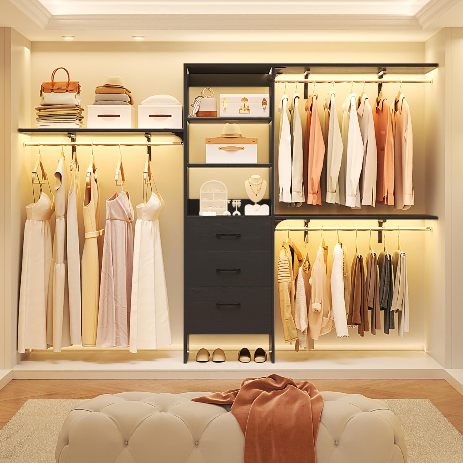 96 Inch Heavy Duty Walk-In Closet Organizer System - 8FT Closet with 3 Adjustable Shelves, 3 Hanging Rods & 3 Drawers - Built-In Garment Rack Supports 1000LBS (96