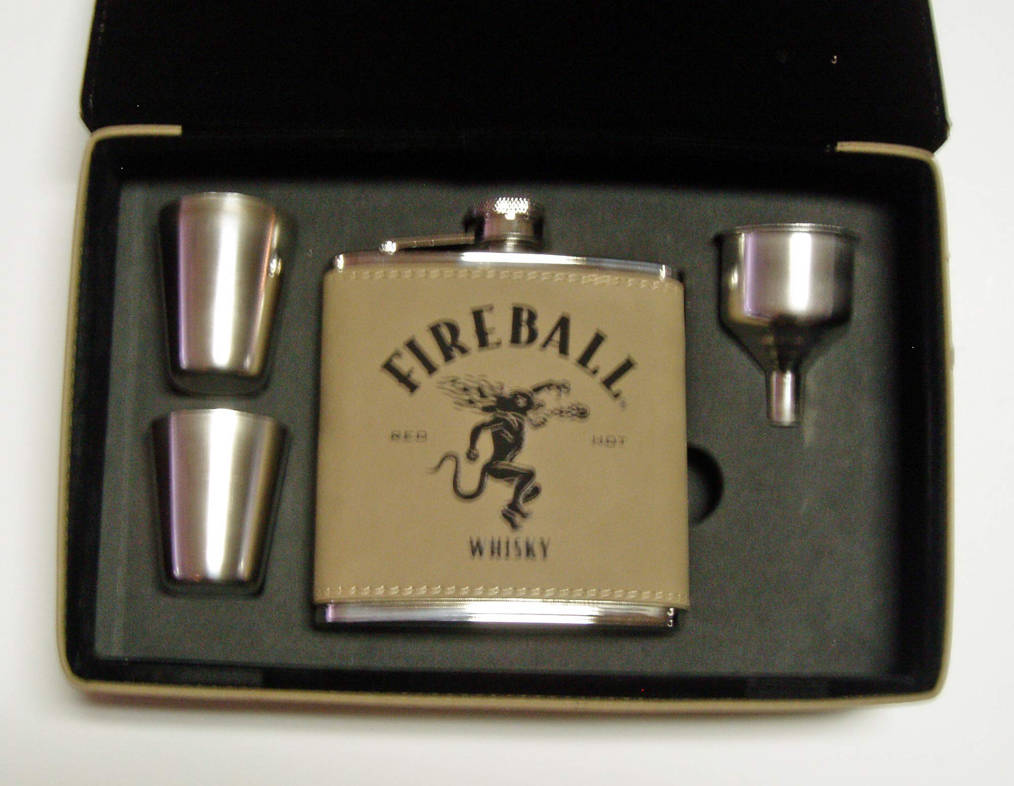 Premium 6 oz Stainless Steel Fireball Whiskey Flask Gift Set with 2 Shot Glasses & Funnel - Leather Gift Box for Men, Bourbon Lovers - Perfect for Camping, Parties & Groomsmen Gifts