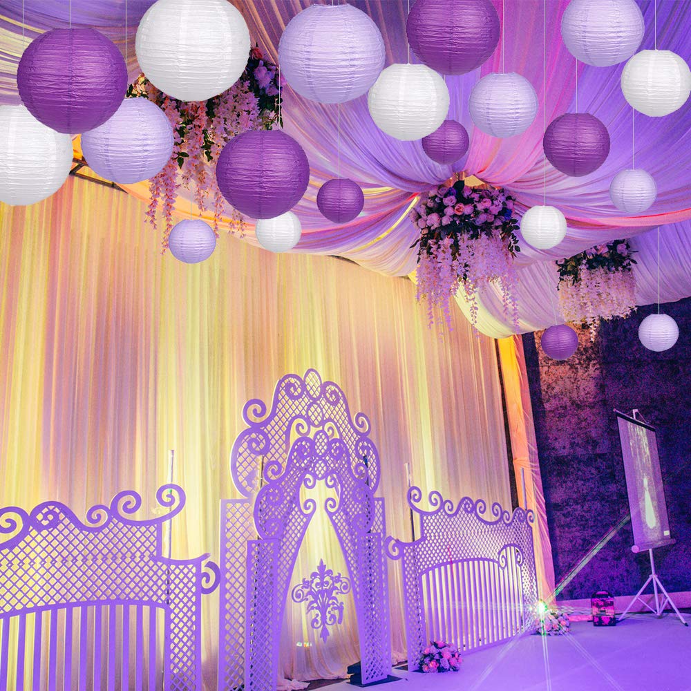 15pcs Round Hanging Paper Lanterns for Party Decor - Purple Lavender White Wedding Bachelorette Engagement Birthday Decorations | Indoor Outdoor Home Garden Event Lighting