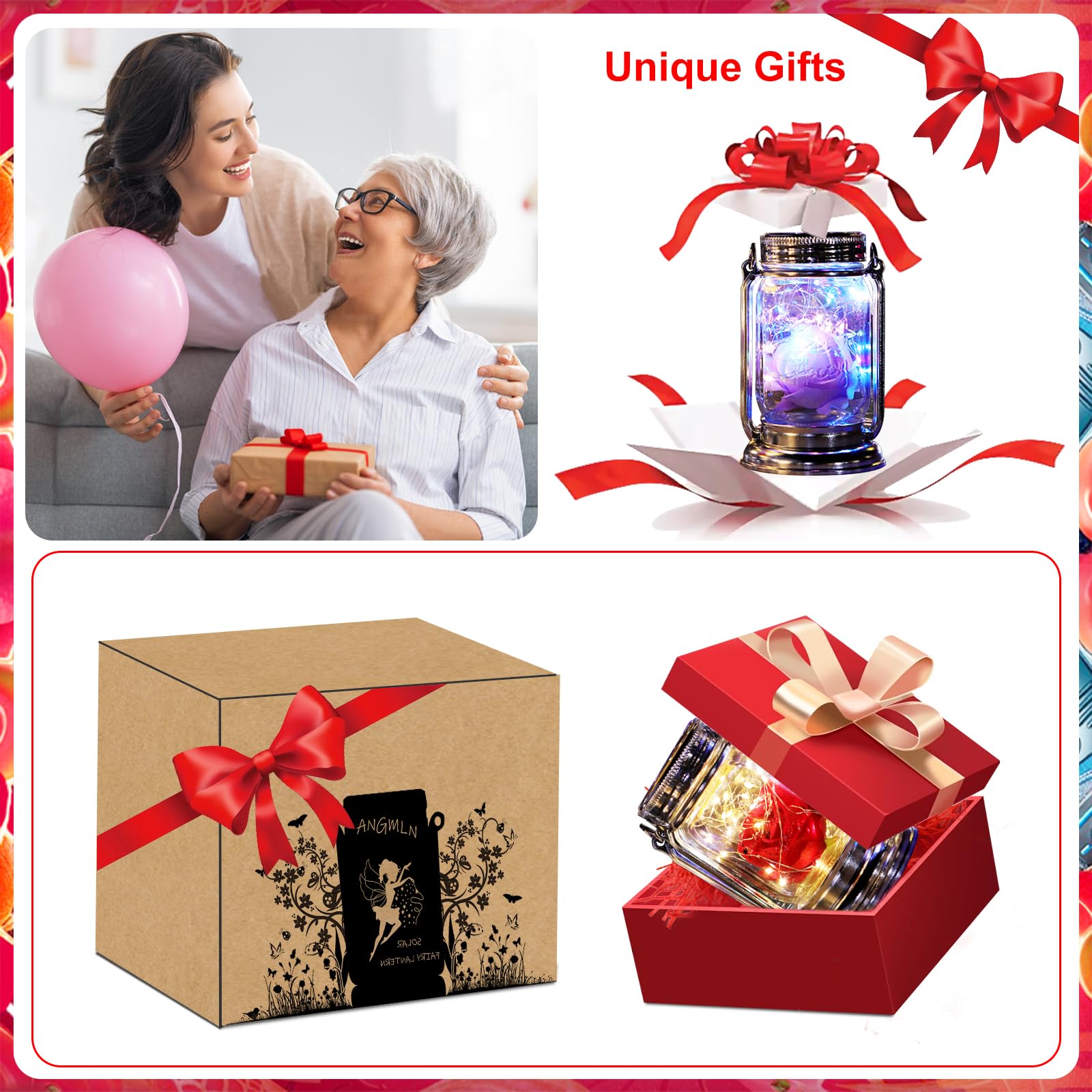 ANGMLN Solar Powered Romantic Rose in Glass Mason Jar - 2 Pack Enchanted Rose Gift Set with LED Lights, Forever Flower for Valentine's Day, Wedding, Anniversary & Home Decor | Perfect for Romantic Nights, Table Centerpieces and Special Occasion Gifts
