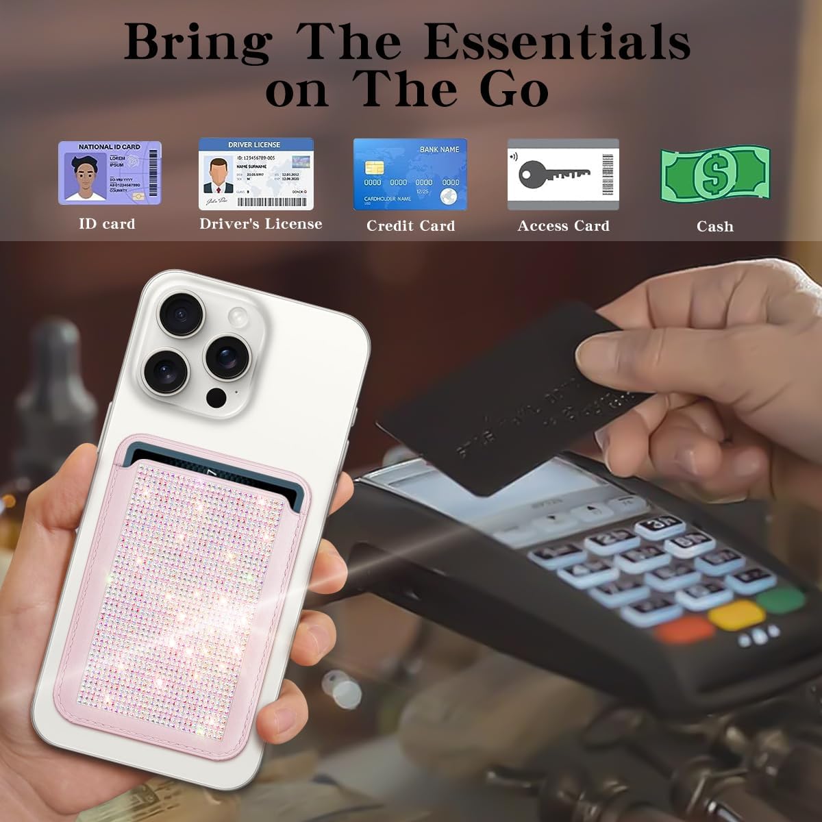 Sparkly Vegan Leather MagSafe Wallet for iPhone 15/14/13/12 - Bling Rhinestone Card Holder with Strong Magnet for Women & Girls (Pink) | Perfect for Parties, Shopping & Everyday Use