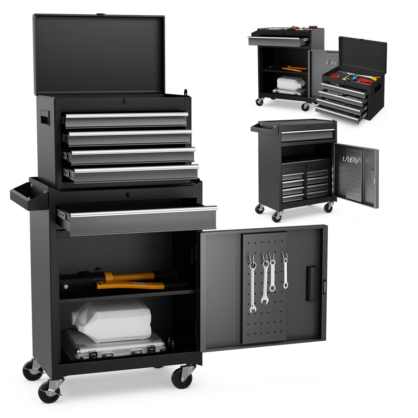 5-Drawer Rolling Tool Chest with Wheels - Heavy Duty Tool Storage Cabinet, Adjustable Shelf & Anti-Slip Liner - Garage Tool Organizer for Workshop, Warehouse & DIY Projects - Perfect for Mechanics, Carpenters & Home Improvement (Gray+Black)