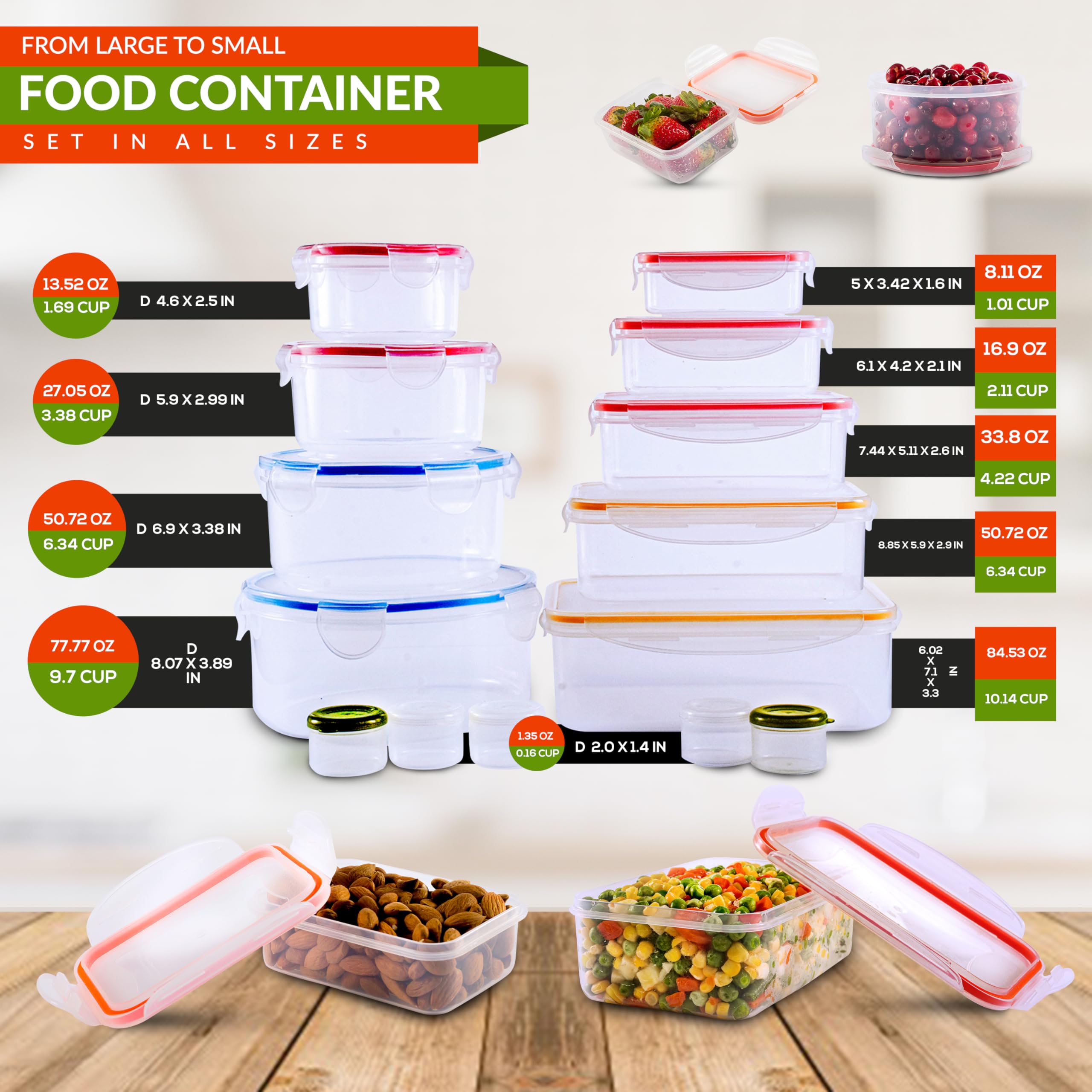 28-Piece Airtight Food Storage Container Set (85oz to 1.2oz) - 14 Clear Plastic Containers with Lids - Meal Prep, Fruits, Leftovers - Freezer, Microwave & Dishwasher Safe - Perfect for Kitchen Organization & Food Preservation