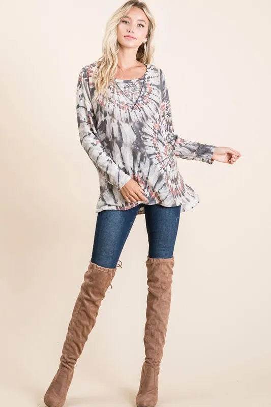 Bibi Tie Dye Terry Top with Contrast Stitching - Charcoal Grey Women's Casual Shirt | Perfect for Summer Outfits, Beach Wear & Boho Fashion