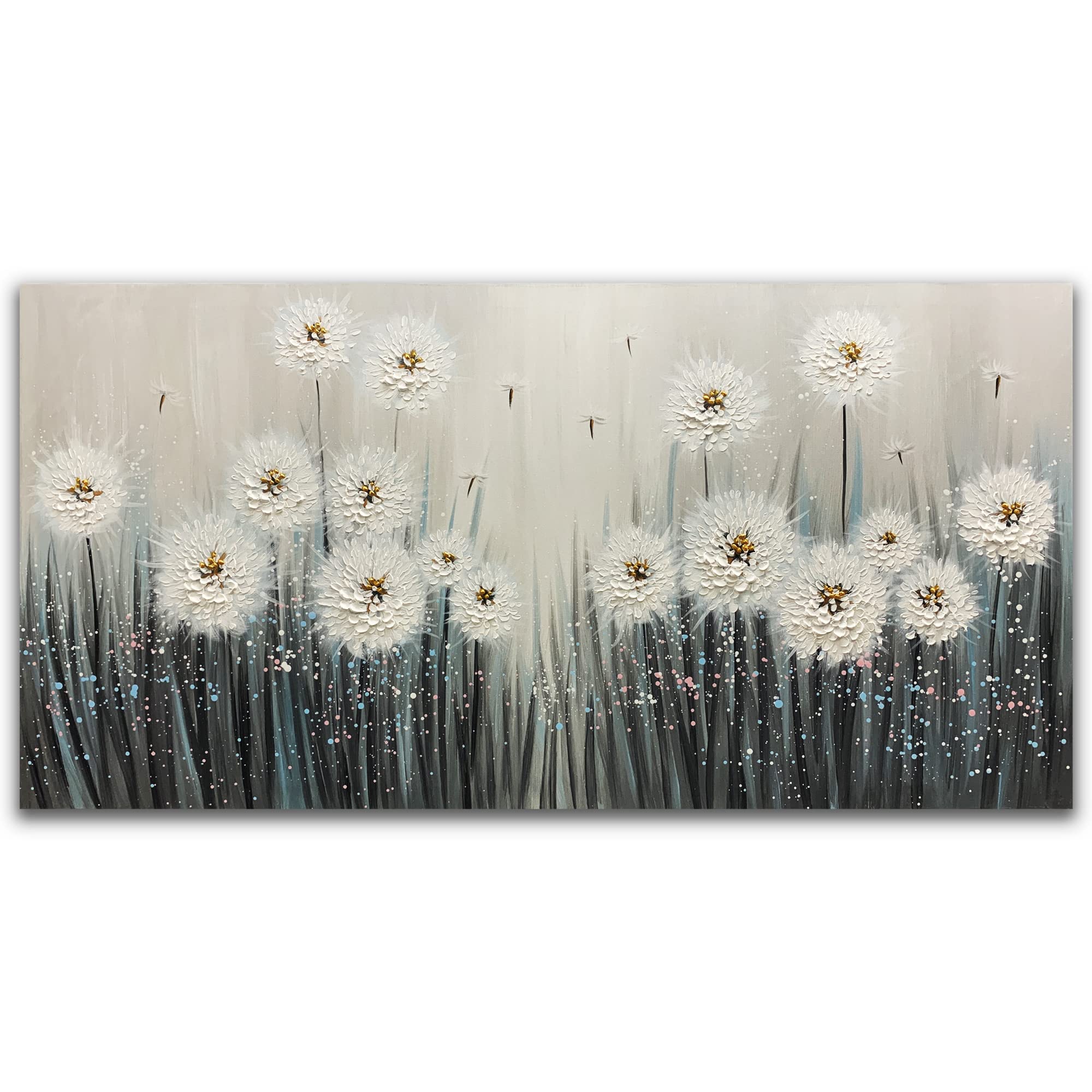 Yika Art 24x48 Inch Modern Abstract Dandelion Oil Painting - Hand Painted Canvas Wall Art for Living Room, Bedroom & Office Decor | 3D Texture Artwork | Home & Commercial Interior Design