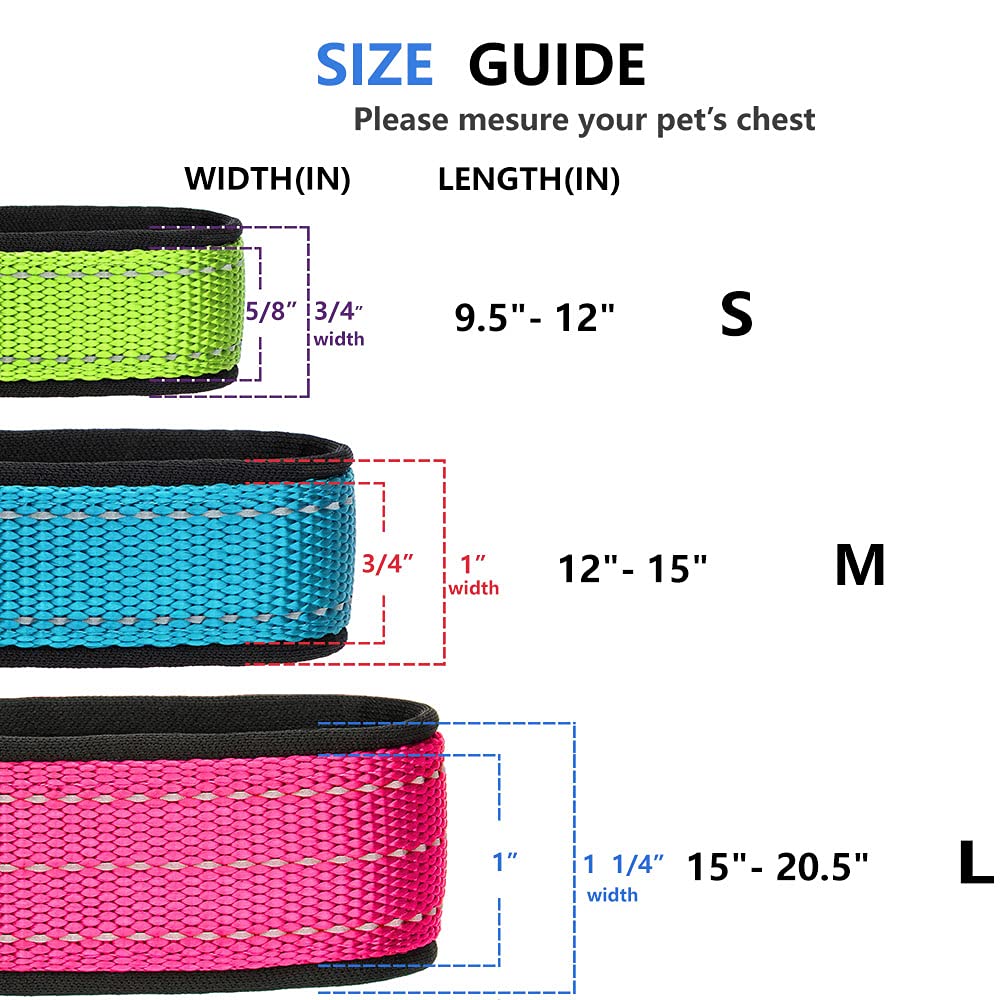 Rhea Rose Reflective Dog Collar - Soft Comfortable Neoprene Padded Nylon Collar for Small, Medium & Large Dogs | High Visibility Yellow-Green | Perfect for Night Walks & Outdoor Adventures