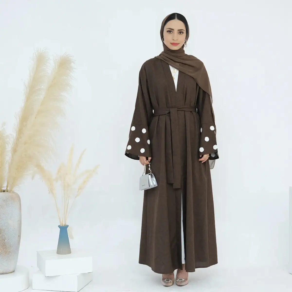 Elegant Floral Embroidery Open Abaya Dress for Women - Modest Muslim Prayer Dress & Special Occasion Wear