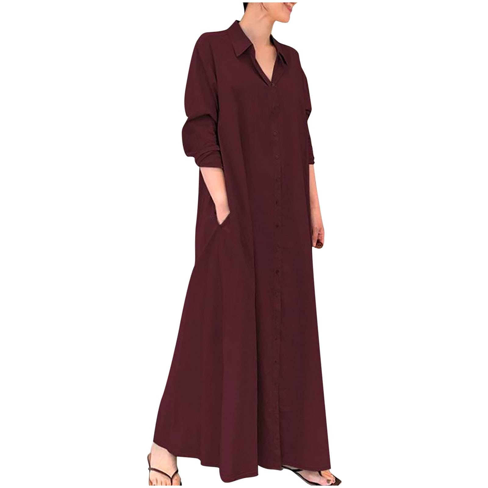 Women's Loose Fit Long Sleeve Printed Cotton Linen Maxi Dress with Pockets - White Casual Summer Dress for Women | Perfect for Beach, Vacation & Everyday Wear
