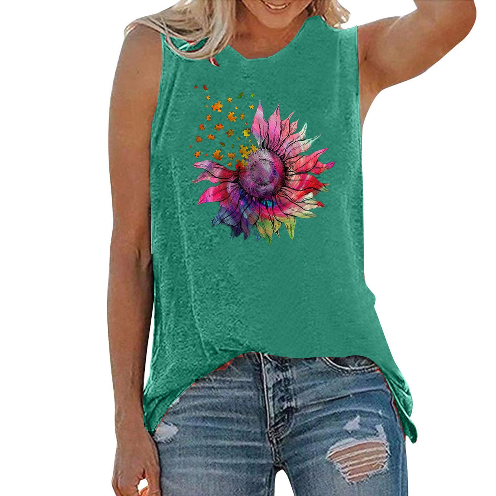 ETHKIA Women's Summer Sleeveless Tank Tops - Floral Print Casual T-Shirt, Loose Fit Round Neck Vest Blouse for Beach, Yoga & Everyday Wear