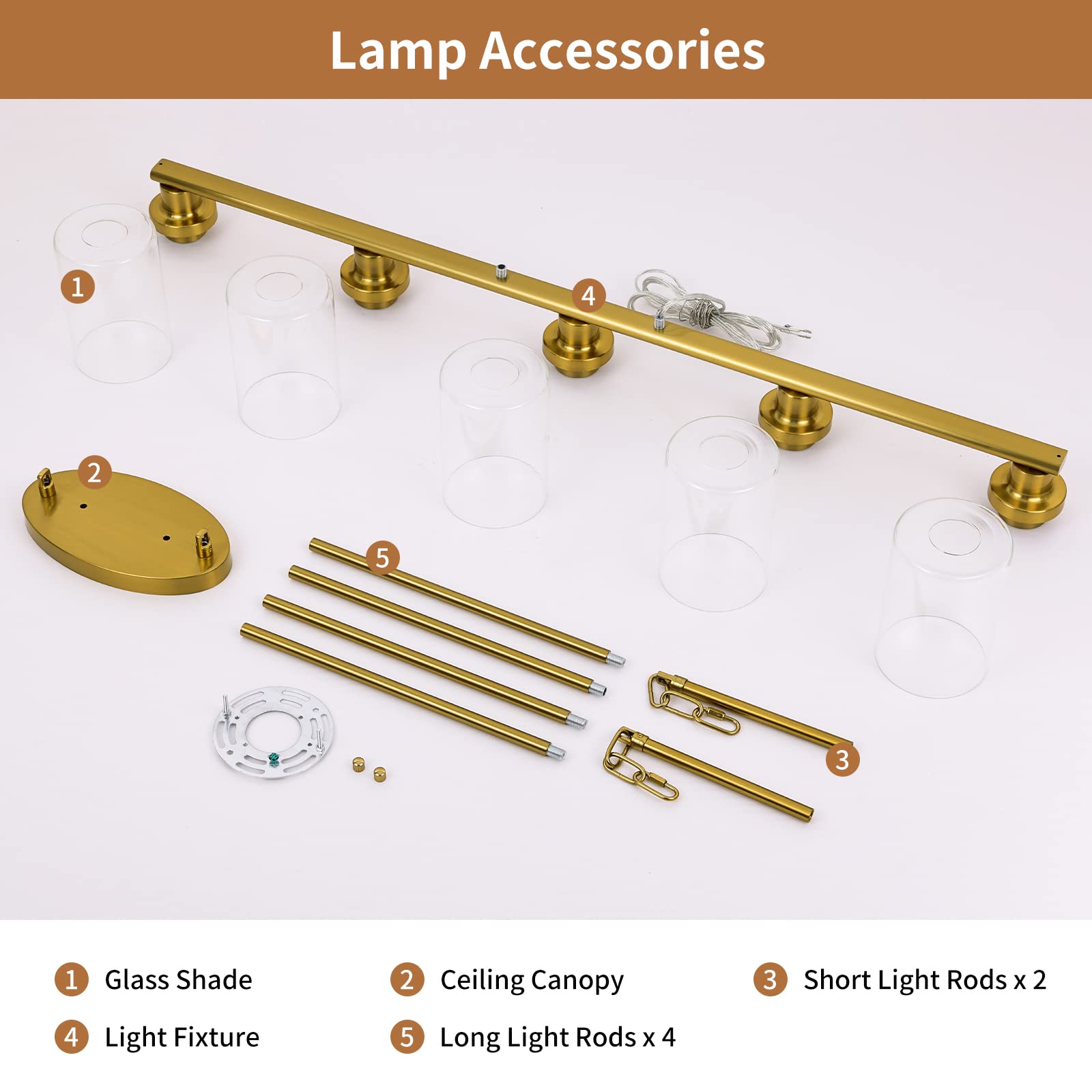 Modern 5-Light Kitchen Island Lighting - Gold Linear Farmhouse Chandelier with Clear Glass Shade for Dining Room & Breakfast Nook - Perfect Over Tables, Countertops and Kitchen Islands