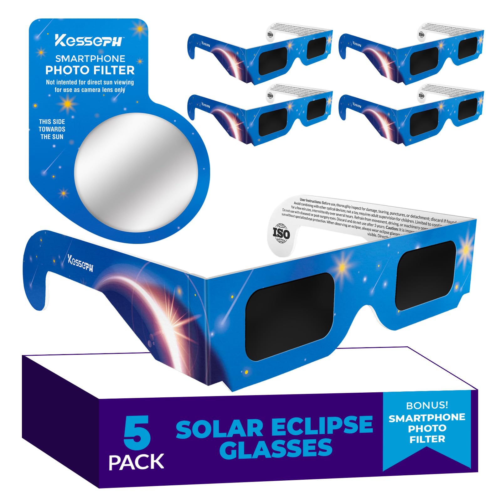 2024 Solar Eclipse Glasses (5 Pack) - CE & ISO Certified Safe Shades for Direct Sun Viewing - Bonus Smartphone Photo Filter Lens - Blue Stars Design - Perfect for Solar Events, Astronomy Enthusiasts & Outdoor Activities