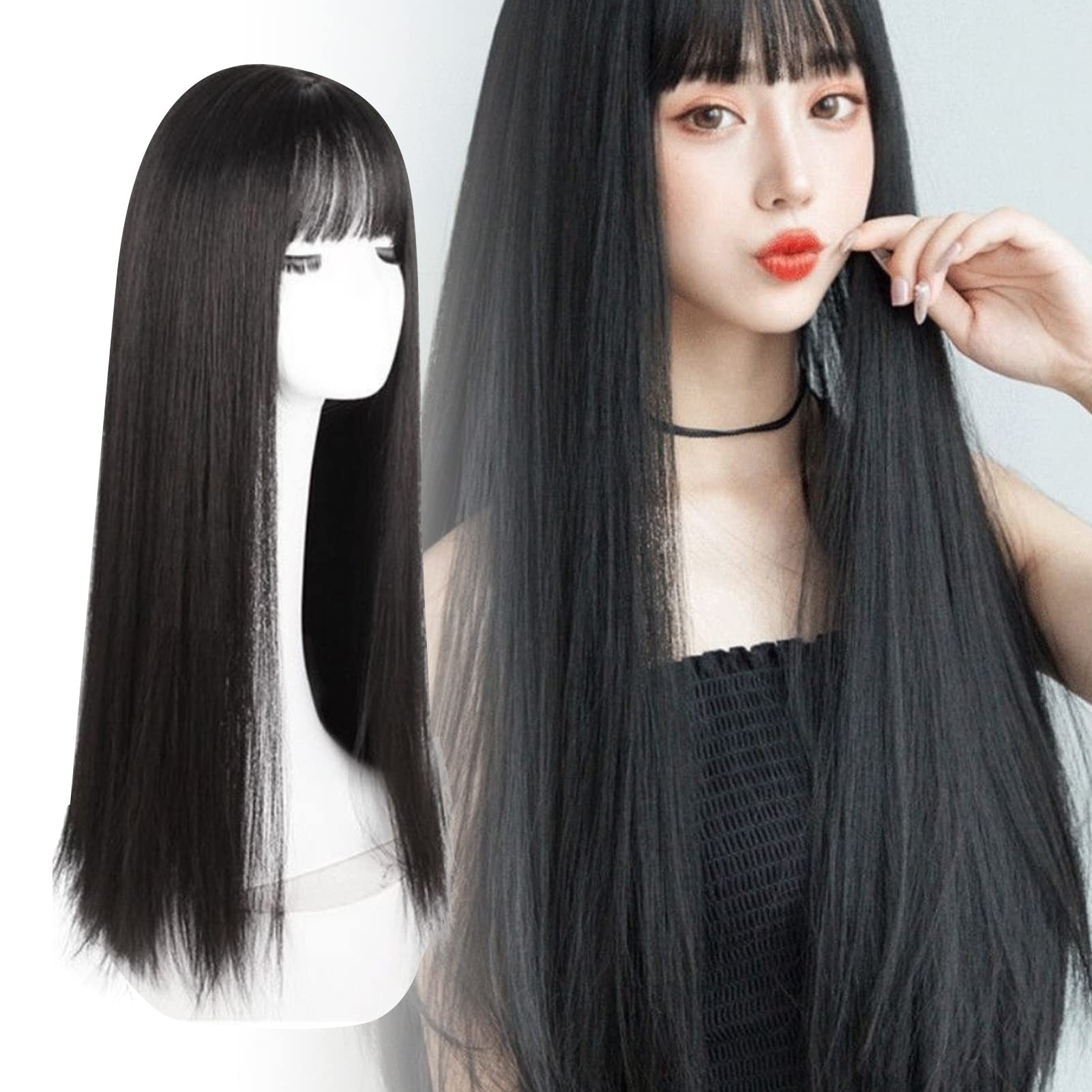 Heat Resistant Synthetic Straight Wig - Long Black Elegant Wig with Bangs for Women | Perfect for Office, Parties & Everyday Wear