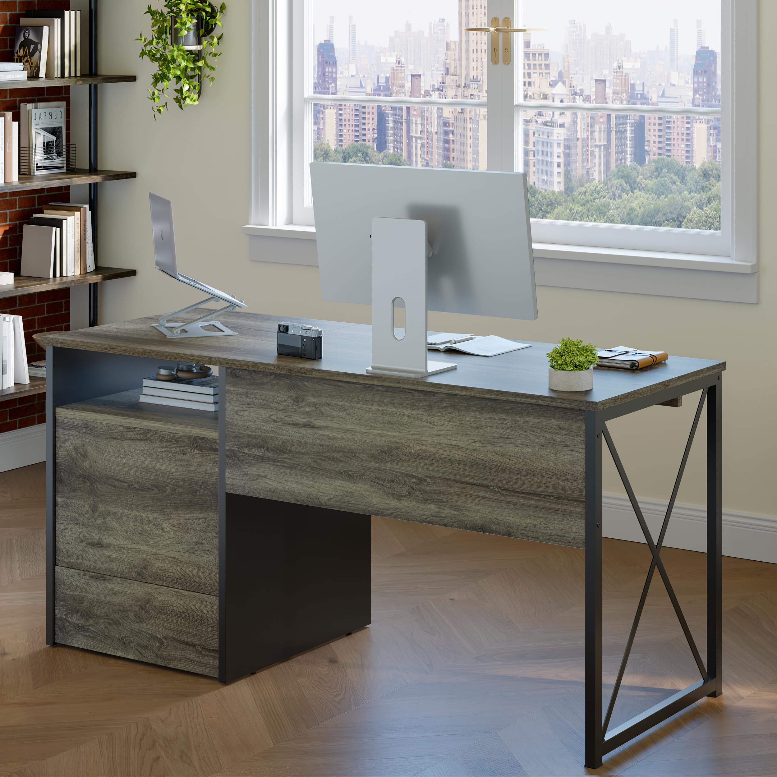 Bestier 55 Inch Industrial Office Desk with Drawers & Keyboard Tray - Wooden Computer Desk with Storage, File Drawer for Home Office - Dark Gray Oak - Perfect for Remote Work, Online Teaching & Small Space Workstations