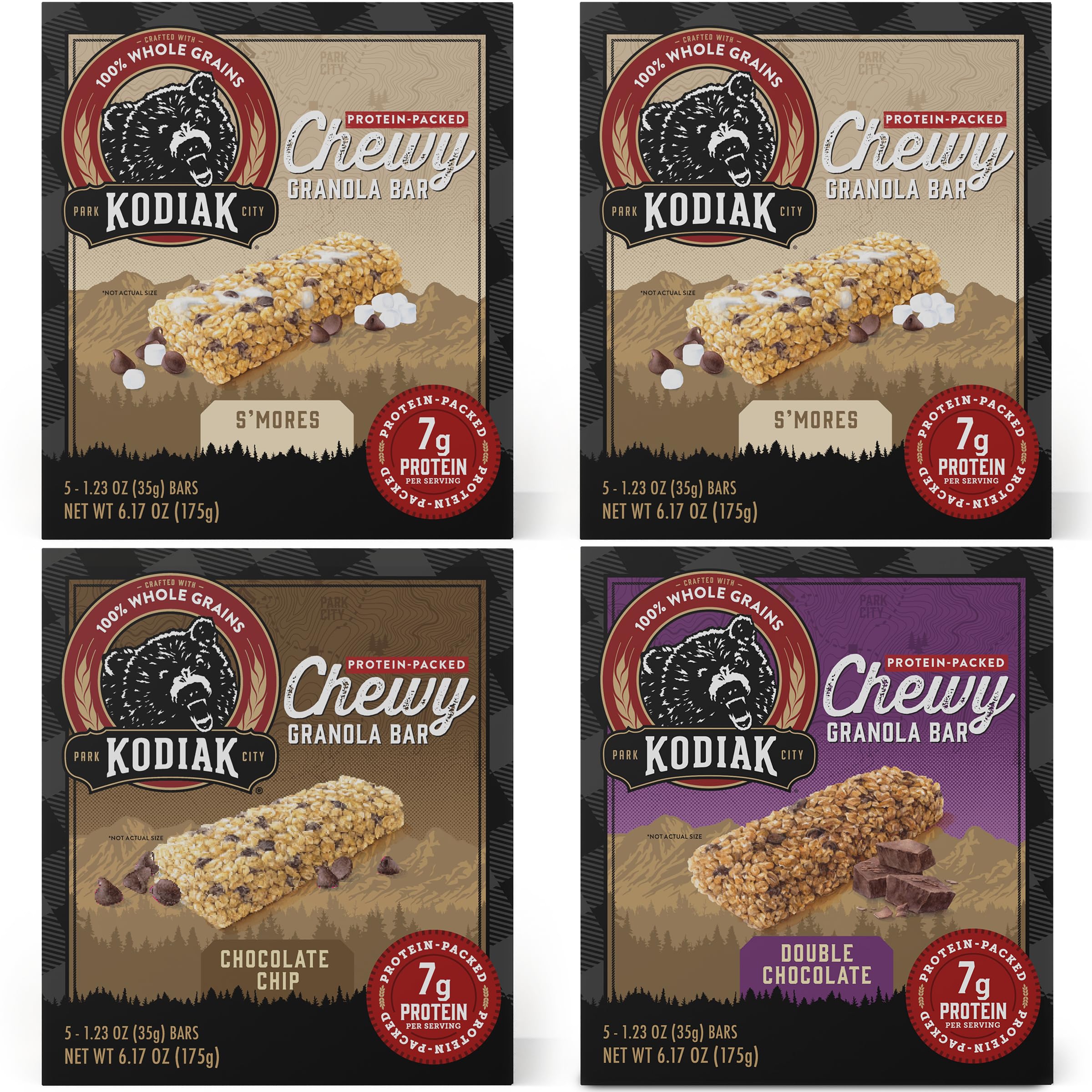 Kodiak Cakes Protein Granola Bars Variety Pack - S'mores, Chocolate Chip & Double Chocolate | High Protein, 100% Whole Grain Snack | 20 Bars (Pack of 4) | Perfect for Hiking, School Lunches & Post-Workout Energy