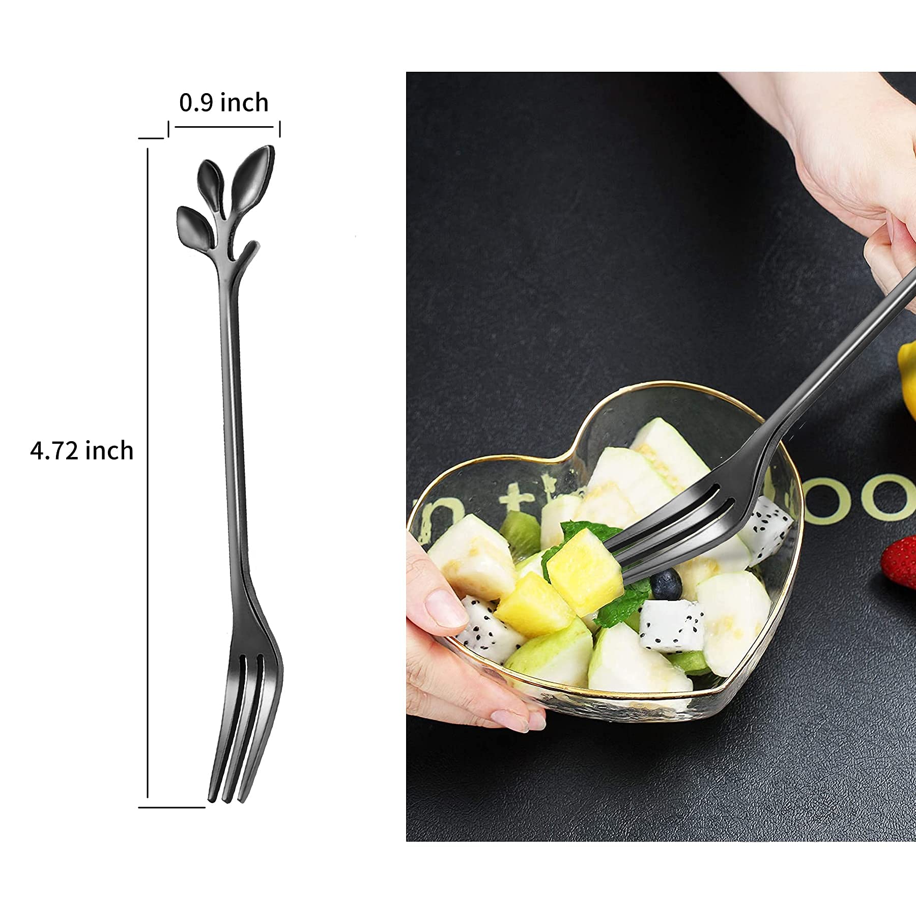 iFeico 5-Piece Black Stainless Steel Dessert Forks Set - 4.7 Inch Elegant Leaf Design Appetizer Forks for Cake, Fruit, Cocktails - Perfect for Wedding, Party, Kitchen & Tableware Decor