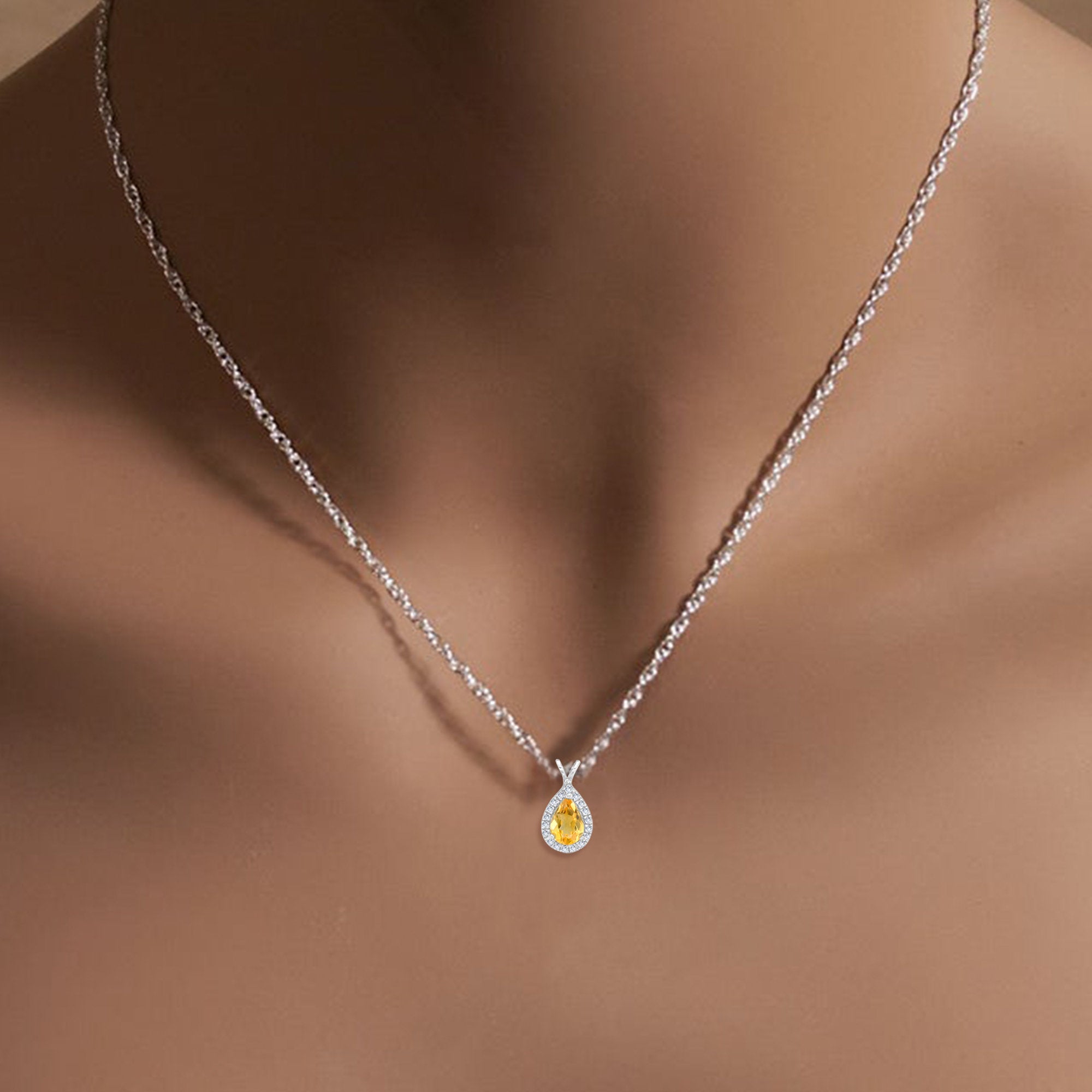 Stunning Pear Shaped Citrine & Diamond Halo Pendant Necklace - Elegant Jewelry Gift for Women, Perfect for Weddings, Anniversaries & Special Occasions