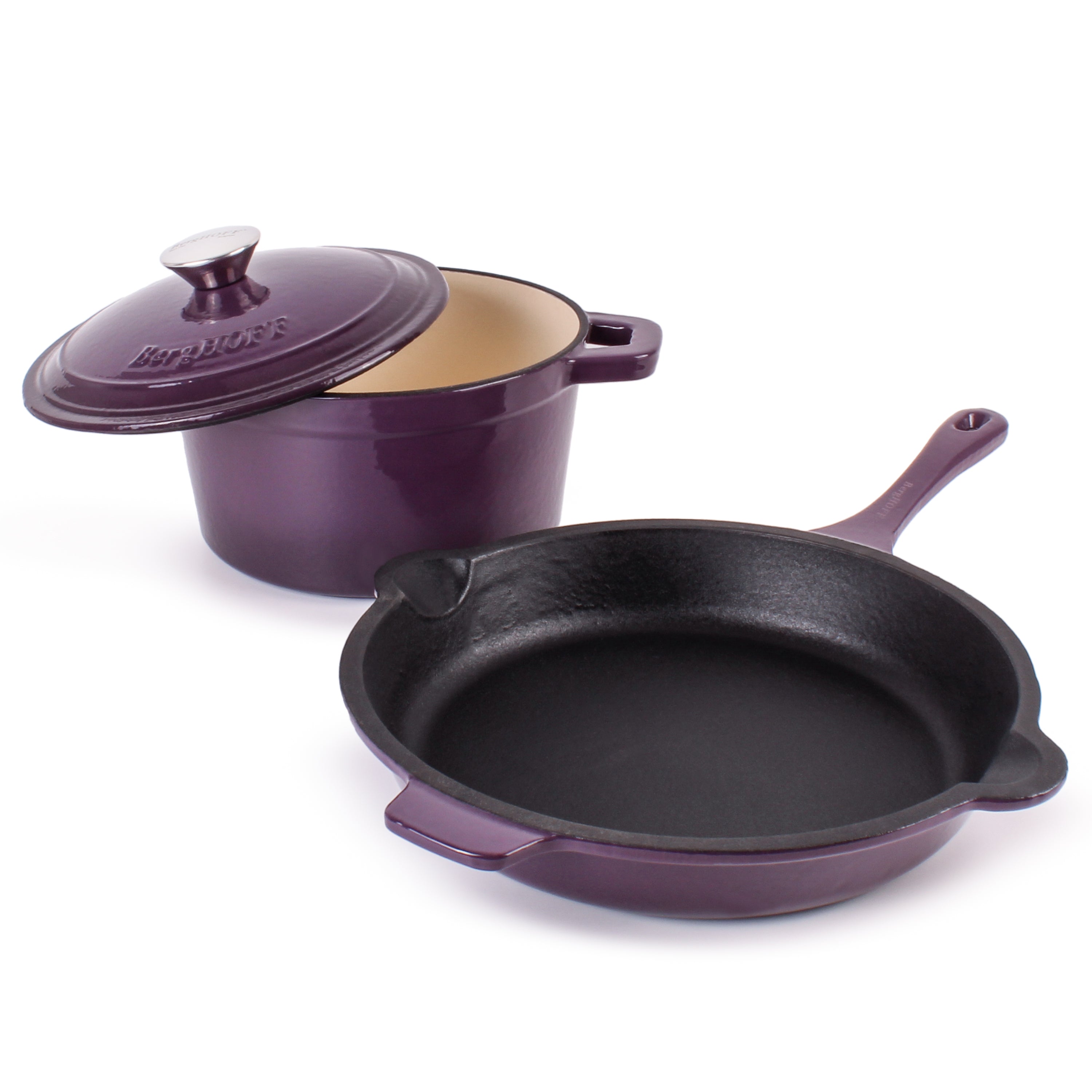 BergHOFF Neo 3-Piece Cast Iron Cookware Set - Purple Dutch Oven & Skillet for Braising, Frying & Baking | Stovetop to Oven Safe | Perfect for Camping, Home Cooking & Outdoor BBQ