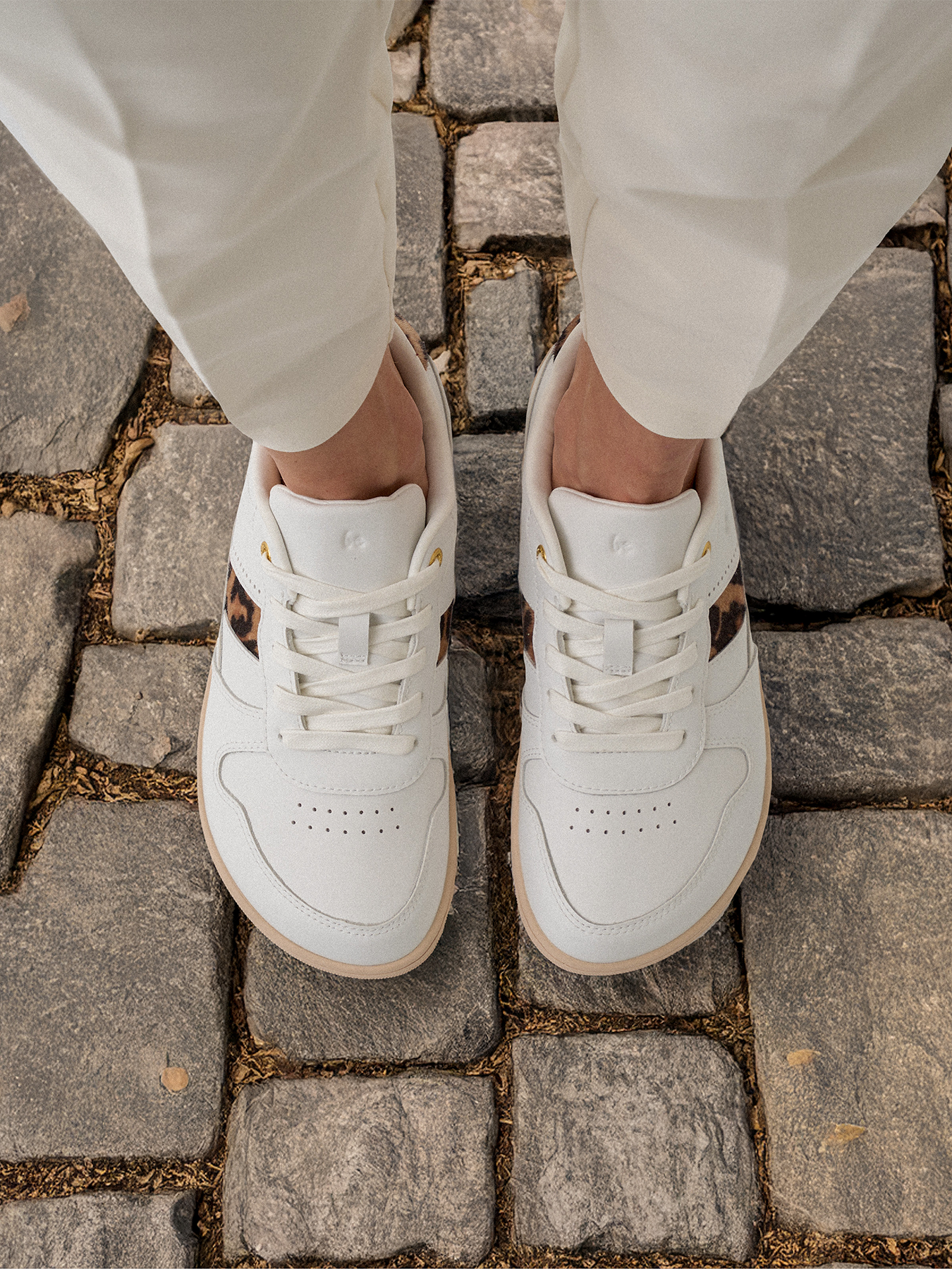 Barefoot Sneakers for Women - Be Lenka Cellestia Minimalist Shoes in White & Leopard Print | Comfortable Zero Drop Footwear for Running, Walking & Everyday Wear