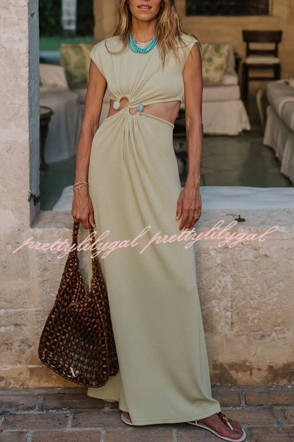 Stylish Ribbed Knit S-Buckle Cutout Waist Maxi Dress for Women | Elegant Bodycon Party & Evening Gown | Perfect for Date Night, Cocktail Parties & Special Occasions