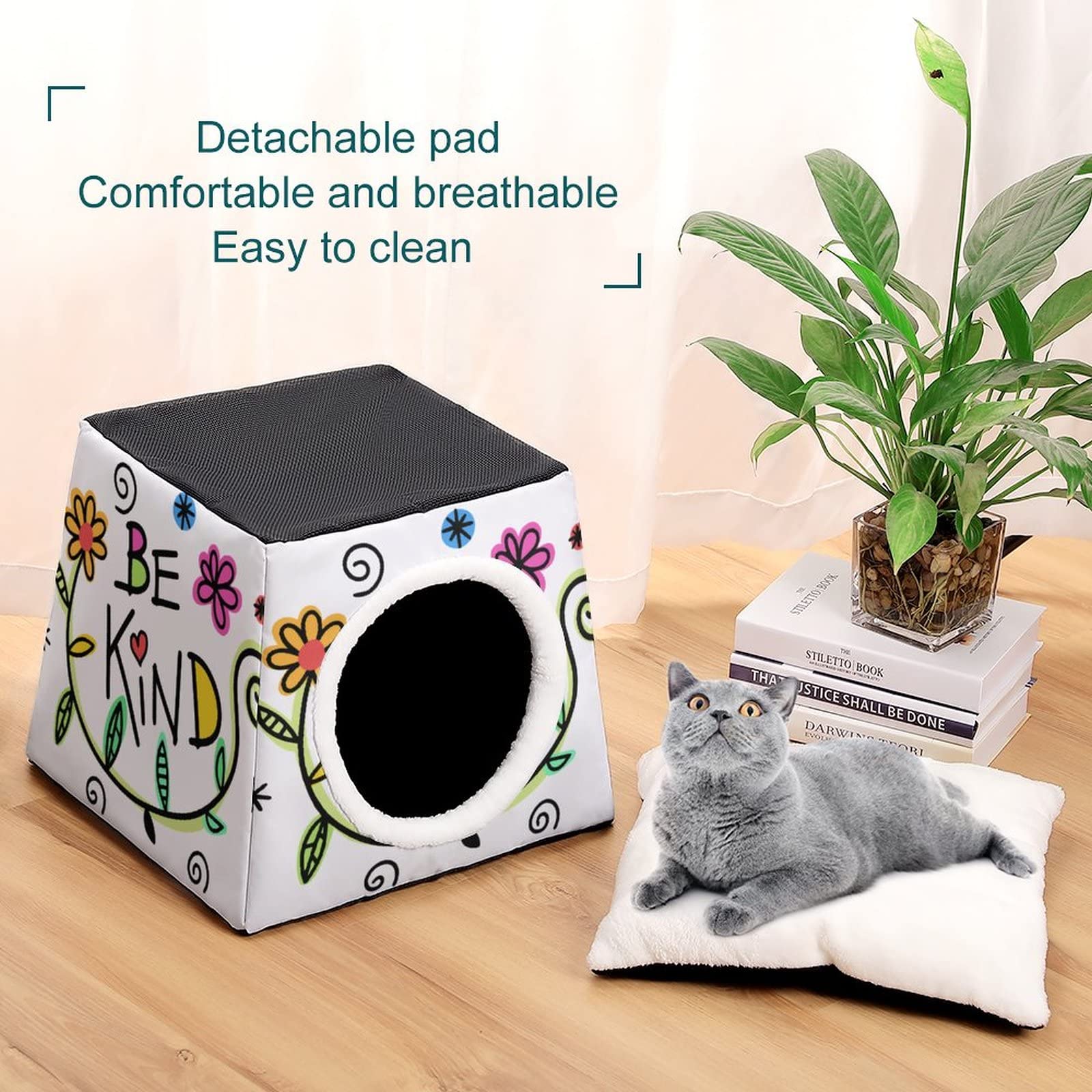 Printed Cat Houses & Condos - Foldable Cat Cube Bed with Removable Pillow (Flowers/Letters Design) - Cozy Pet Sofa for Indoor Cats - Perfect for Napping, Playing & Relaxing