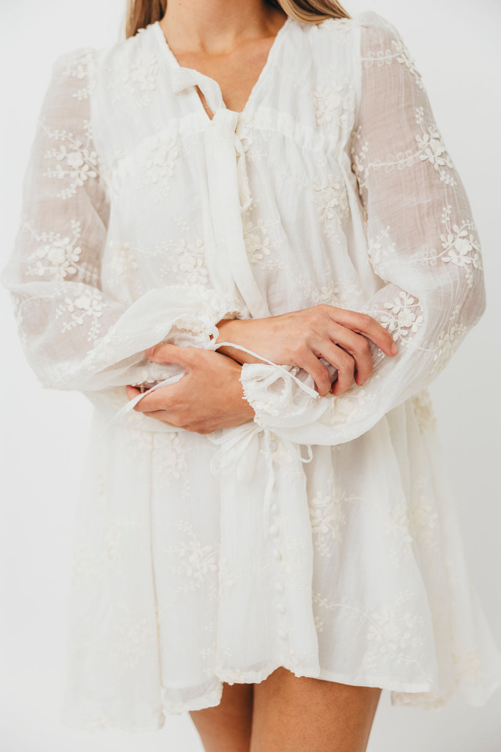 Erika Embroidered Long Sleeve Mini Dress in Ivory - Elegant Floral Lace Party Dress for Women, Perfect for Weddings, Cocktail Parties & Date Nights
