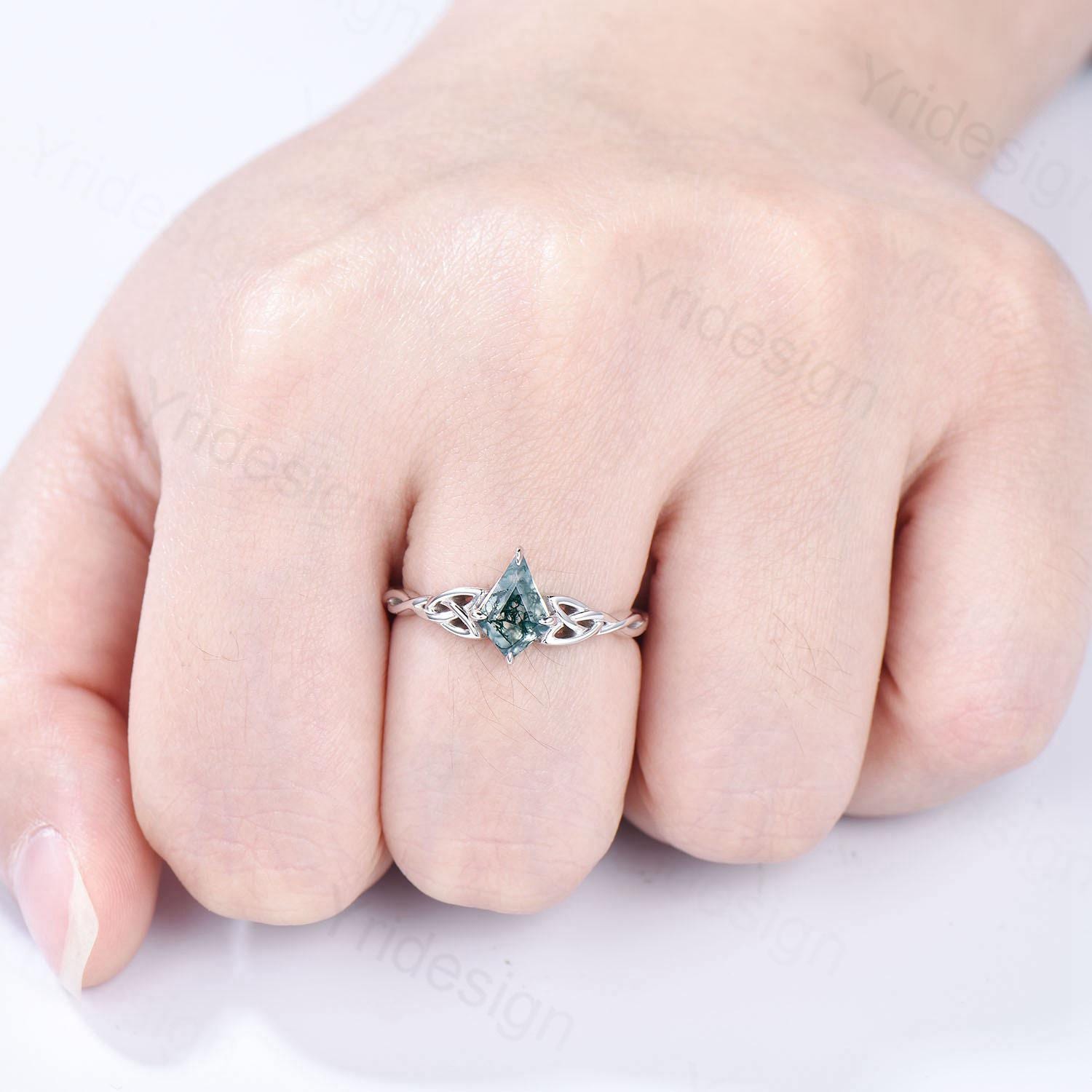 Viking Moss Agate Ring for Women - Norse Celtic Love Knot Engagement & Wedding Band - Unique Twisted Green Crystal Jewelry - Perfect for Viking Weddings, Handfasting Ceremonies & Medieval Cosplay