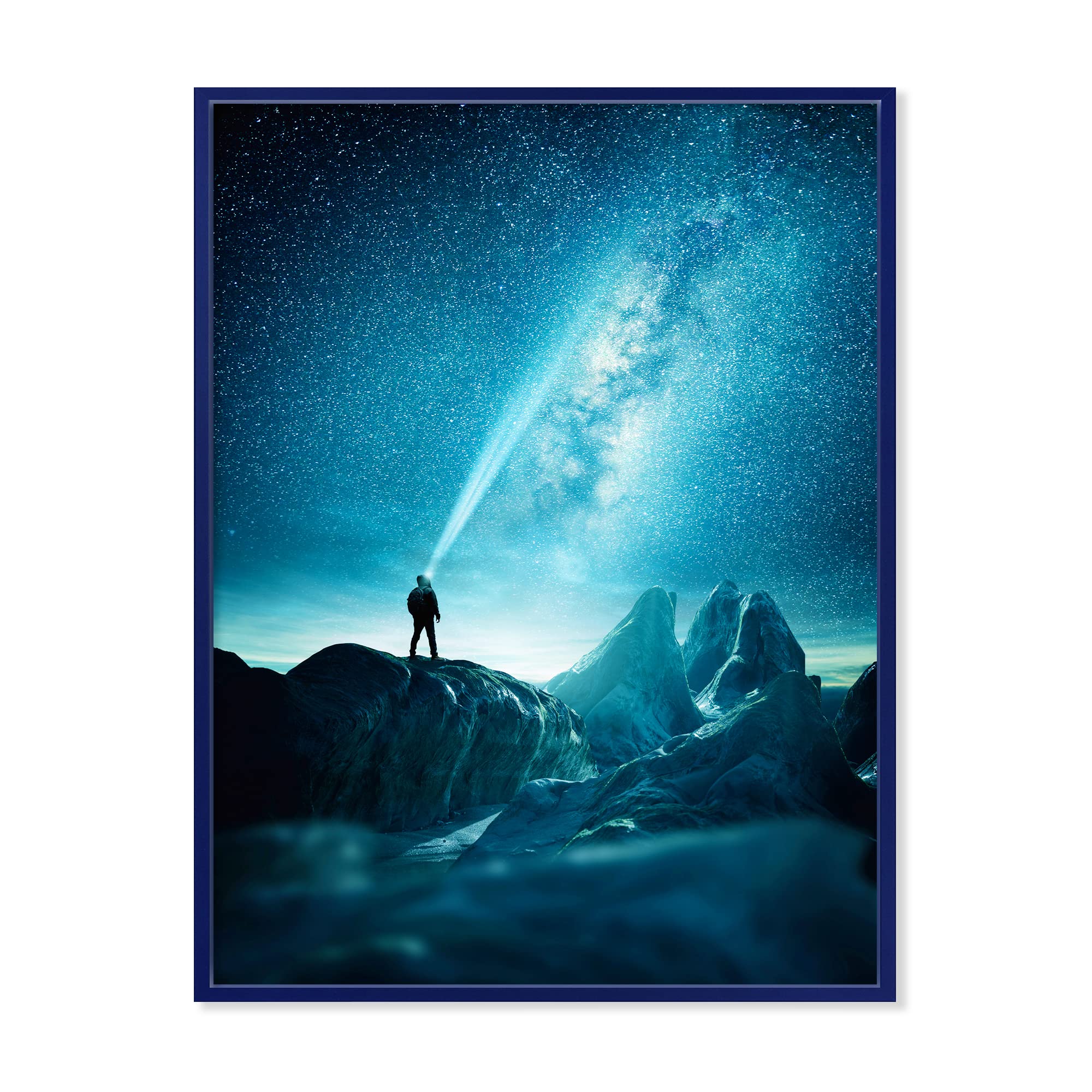 DesignQ Modern Framed Canvas Wall Art - Man Shining Light into Night Sky - Home & Office Decor for Living Room, Bedroom, Study