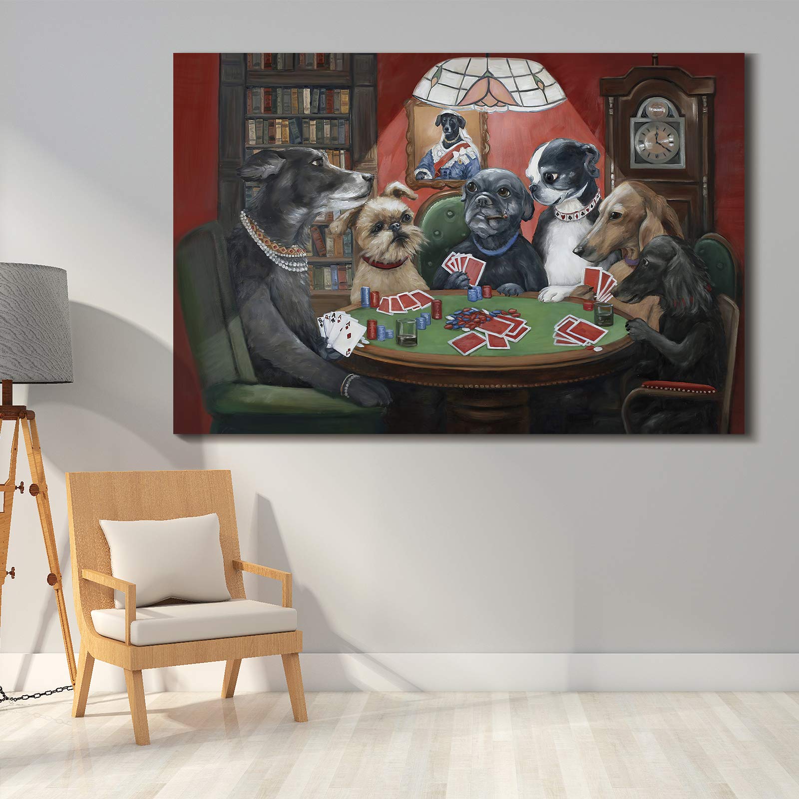 Denozer - Dogs Playing Poker by Cassius Marcellus Coolidge Oil Painting Reproduction - Premium Giclee Canvas Print (48x32 inches) - Ready to Hang Wall Art for Living Room, Game Room & Man Cave Decor - Perfect Gift for Dog Lovers & Poker Fans