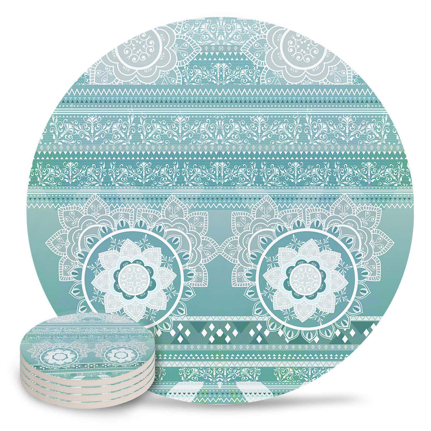 4-Piece Ceramic Drink Coasters Set with Cork Base - Absorbent Round Coasters for Hot & Cold Beverages - Housewarming Gifts, Kitchen, Bar Decor (Mandala Design) - Perfect for Coffee Tables, Dining Rooms & Office Desks