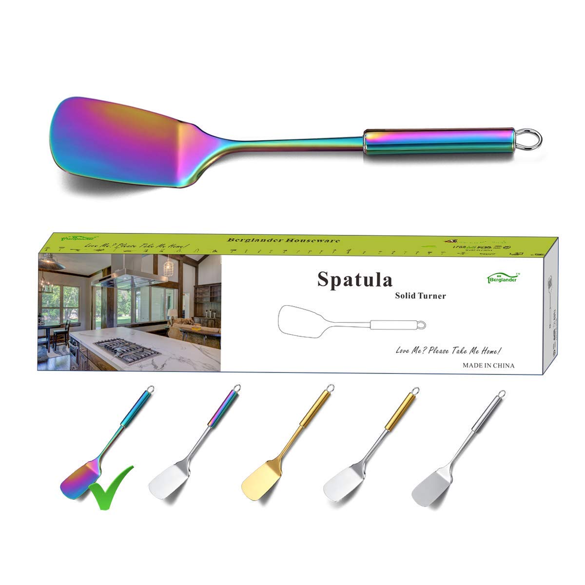 Premium Stainless Steel Rainbow Spatula with Titanium Coating - Durable Solid Turner for Cooking, Grilling & BBQ - Perfect Kitchen Utensil for Flipping Fish, Pancakes & Burgers - Colorful Non-Slip Handle for Safe Cooking & Serving