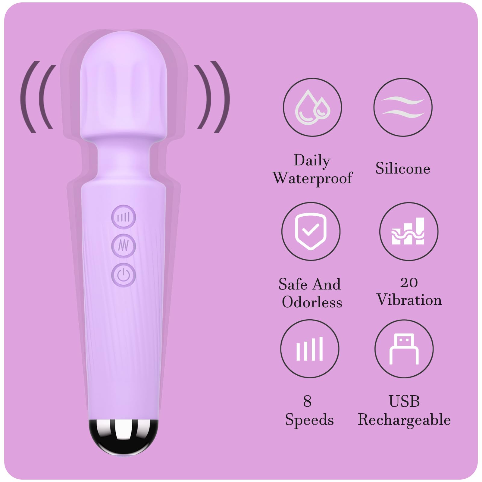8-Speed 20-Pattern Rechargeable Vibrating Wand Massager for Women - Powerful Clitoral Stimulator & G-Spot Vibrator, Adult Sex Toy with Ergonomic Design - Perfect for Solo Play & Couples Intimacy (Violet)
