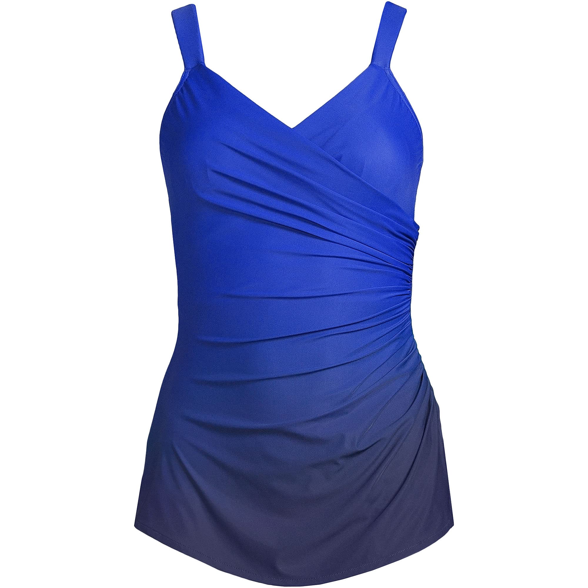 Lands' End Women's Slender Suit V-Neck Tunic One Piece Swimsuit - Electric Blue/Navy Ombre D-Cup Size 10 | Flattering Swimwear for Beach, Pool & Vacation