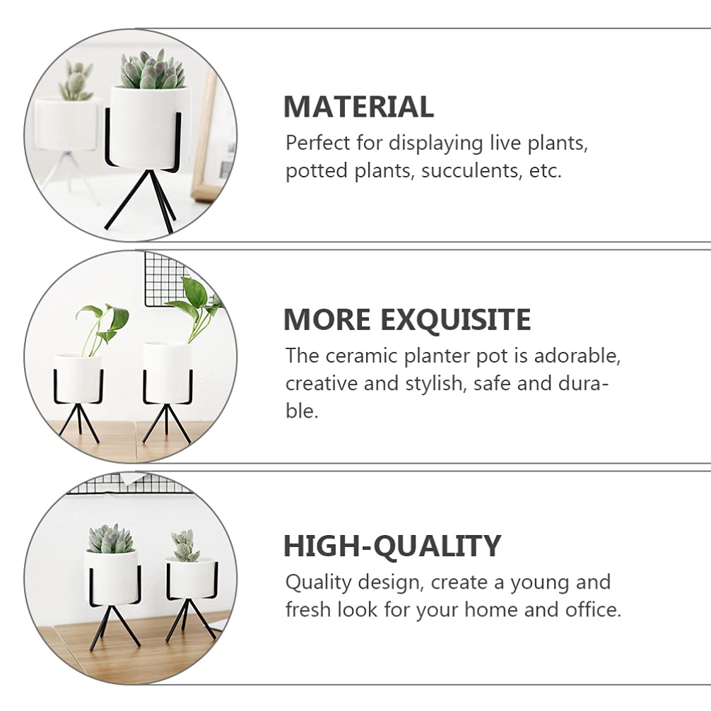 Veemoon Ceramic Flower Pot Set of 3 - Modern Indoor Planters with Iron Stand for Succulents, Cactus & Houseplants | Perfect for Home Decor, Office Desk & Gift Giving