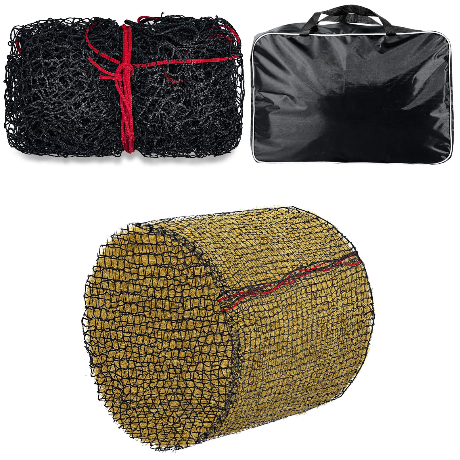 Slow Feed Hay Net for Horses, Goats & Cattle - 5mm Thick Knotless Round Bale Feeder Bag (6x6 Ft) - Durable Black Hay Bale Net for Equine Stalls, Barn Decoration & Pasture Feeding