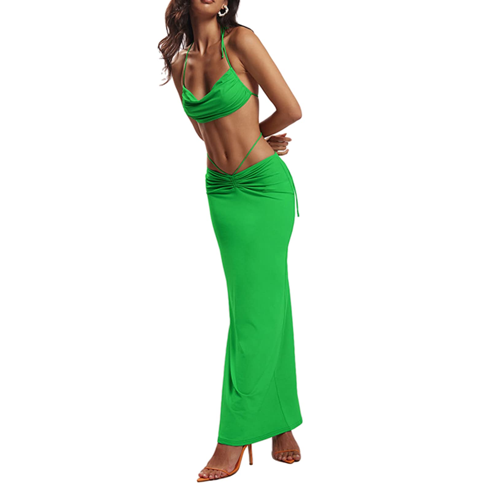 Stylish Women's Summer Outfits - Halterneck Sleeveless Backless Tops with Casual Bandage Long Skirt Set | Perfect for Beach Vacation, Date Night & Summer Parties