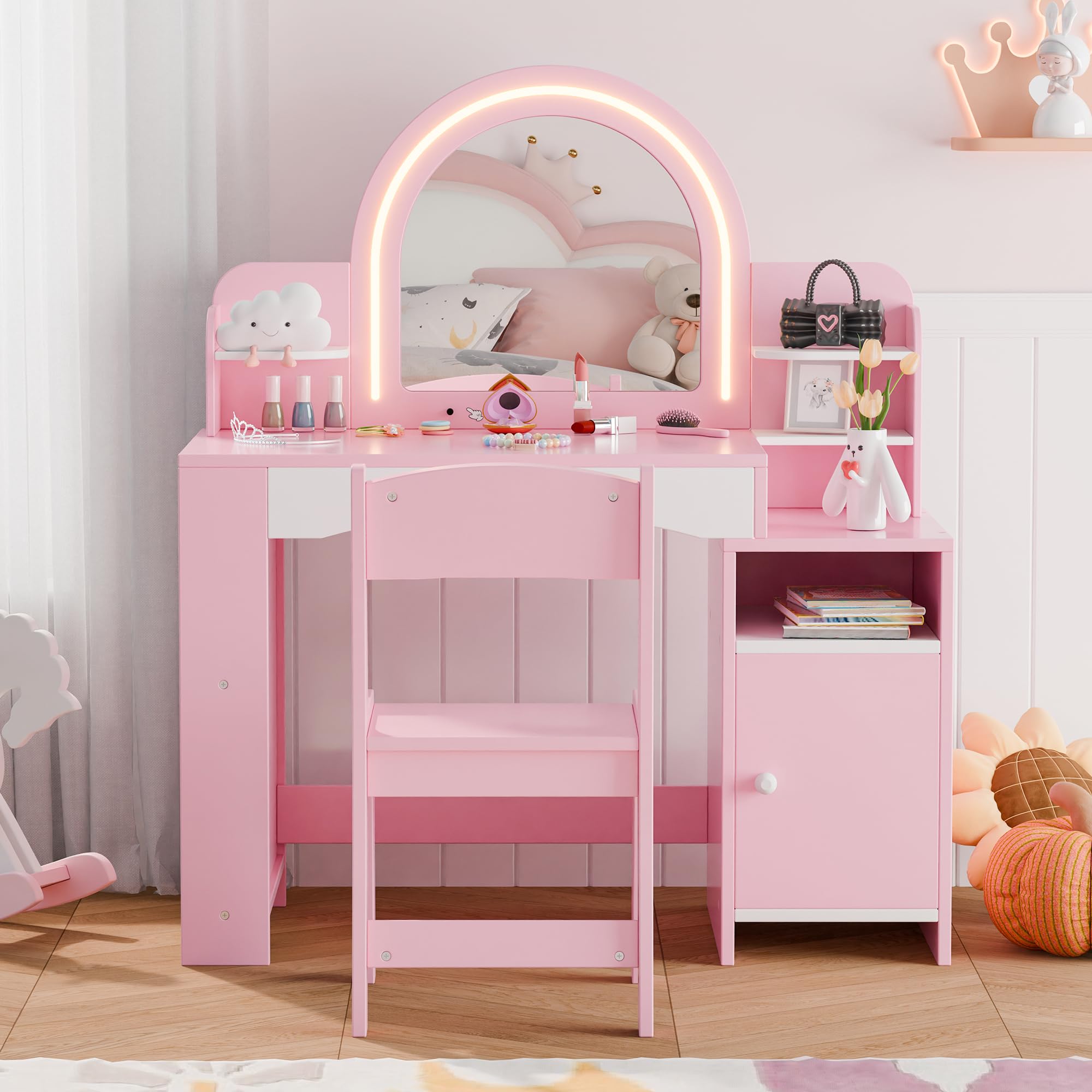MU Kids Vanity with Lights - Princess Makeup Vanity Desk with Open Bookshelf, Storage Cabinet & Shelves | 2-in-1 Toddler Vanity Table & Chair Set with LED Mirror for Little Girls (Pink) | Perfect for Bedroom Decor, Birthday Gifts & Pretend Play