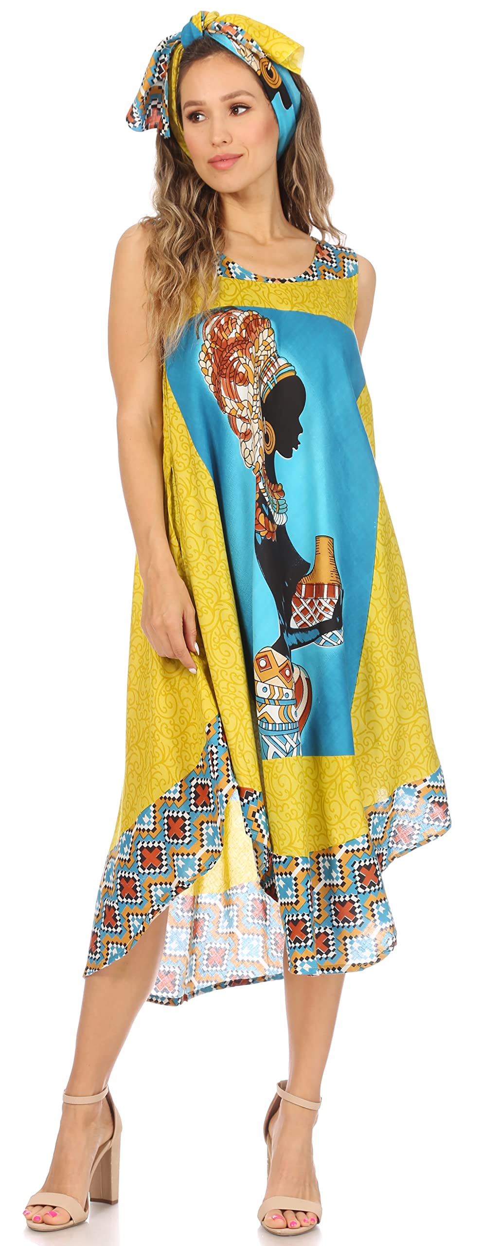 Sakkas Urbi Women's African Print Beach Cover Up Dress - Sleeveless Casual Caftan for Summer Vacation, Pool Party & Boho Outfit