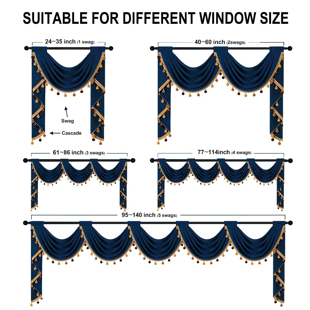 ELKCA Navy Blue Velvet Waterfall Valance - Single Hollow Swag Curtain Panel with Rod Pocket for Living Room & Kitchen - Elegant Window Treatment for Home Decor