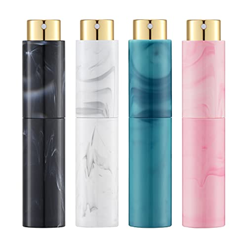 Tekson 10ML Perfume Atomizer Travel Set (4 PCS) - Refillable Cologne Spray Bottles, Mini Empty Dispenser for Fragrance - Black, Pink, White, Blue Marble Design - Perfect for Travel, Gym, Purse & On-the-Go Use