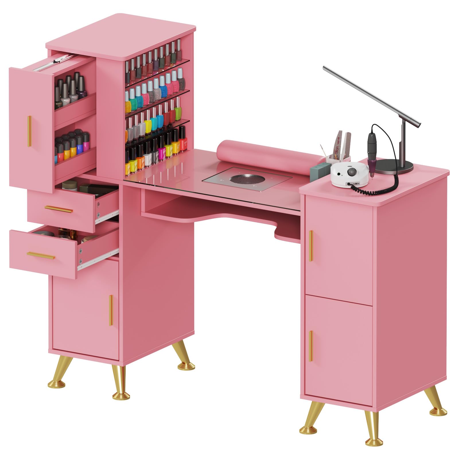 Professional Manicure Table with Glass Top & Wrist Rest - Nail Salon Station with Dust Collector, 4 Dust Bags & Storage Drawers - Beauty Salon Workstation Cabinet (Pink) - Perfect for Nail Technicians, Home Salons & Spa Treatments