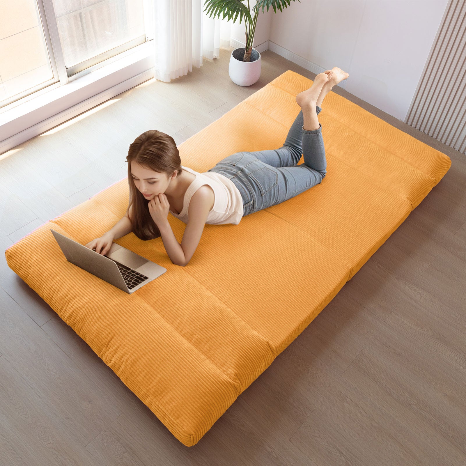 MAXYOYO Corduroy Extra Wide Foldable Bean Bag Sofa Bed - Convertible Floor Mattress for Living Room, Bedroom & Guest Room (Orange)