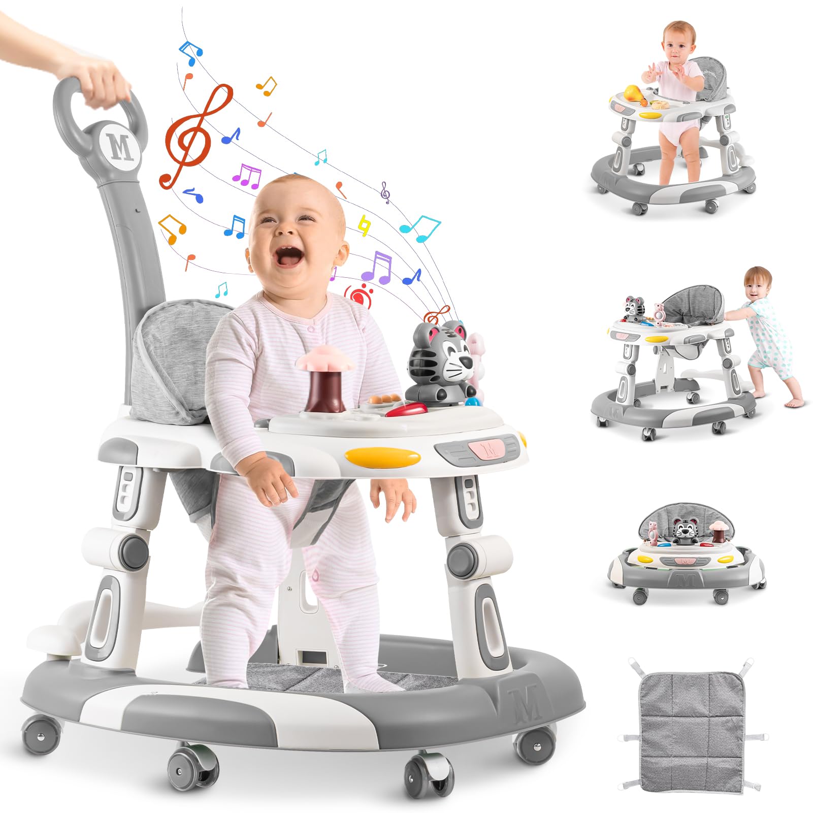 5-in-1 Adjustable Baby Walker with Wheels & Music Toys - Foldable Infant Activity Center for Boys & Girls 6-24 Months (Grey) - Perfect for Learning to Walk, Playtime & Early Development at Home