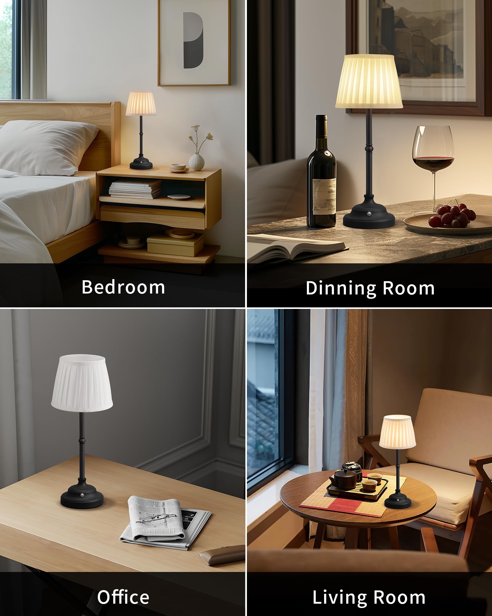 KDG Cordless Table Lamp with Fabric Shade - 5000mAh Rechargeable Battery, Dimmable LED Desk Light for Bedroom, Office, Study, Nightstand - Perfect for Reading, Working, Camping & Outdoor Use (Black)