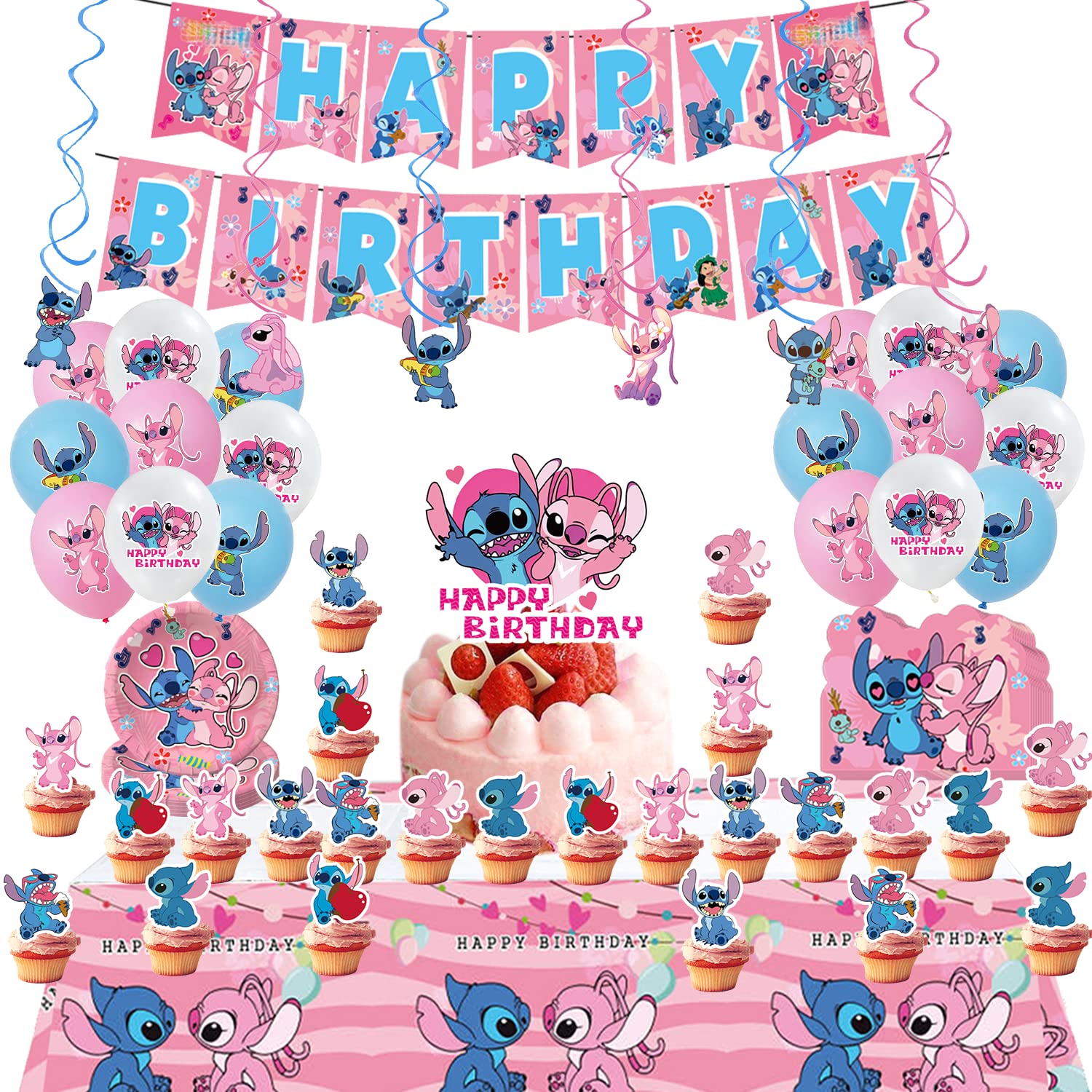 85-Piece Pink Lilo Birthday Party Supplies Kit for Kids - Includes Large Banner, Cake Topper, Tablecloth, Spiral Lifters, Invitation Cards, Plates, Balloons & Cupcake Toppers - Perfect for Birthday Decorations, Baby Showers & Themed Parties