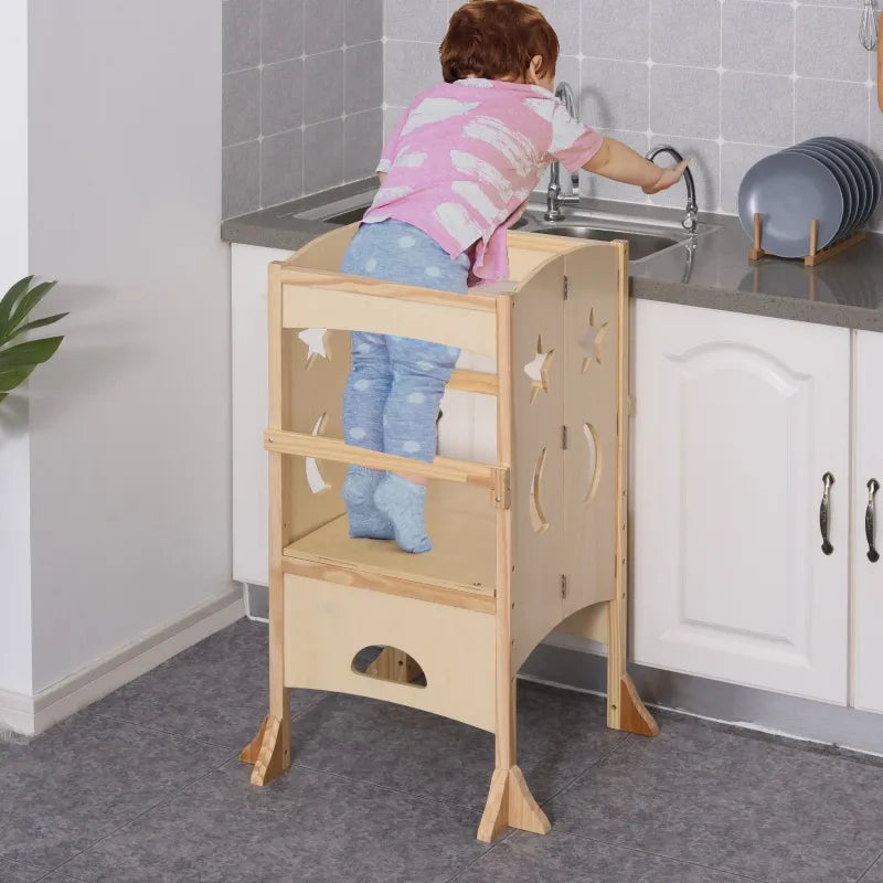 Qaba Kids Toddler Tower - Natural Wood Learning Step Stool for Kitchen, Montessori Helper for Babies & Toddlers - Safe Standing Platform for Cooking, Baking & Learning Independence