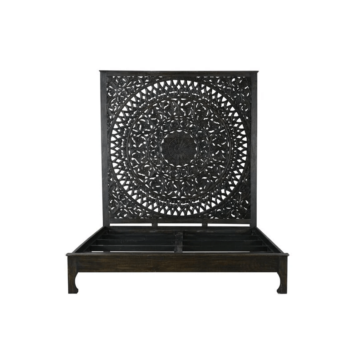 Hand Carved High Headboard Platform Bed Frame in Black - Solid Wood Indian Style Bedroom Furniture for Master Bedroom & Guest Room