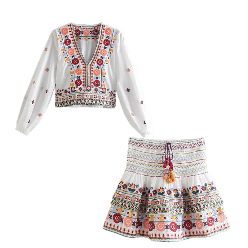 Vintage Batwing Sleeve Women's Autumn Outfit Set - Floral Embroidery Paisley Print V-Neck Button Down Tiered Mini Skirt Dress Suit for Fall Fashion, Date Nights & Boho Chic Style