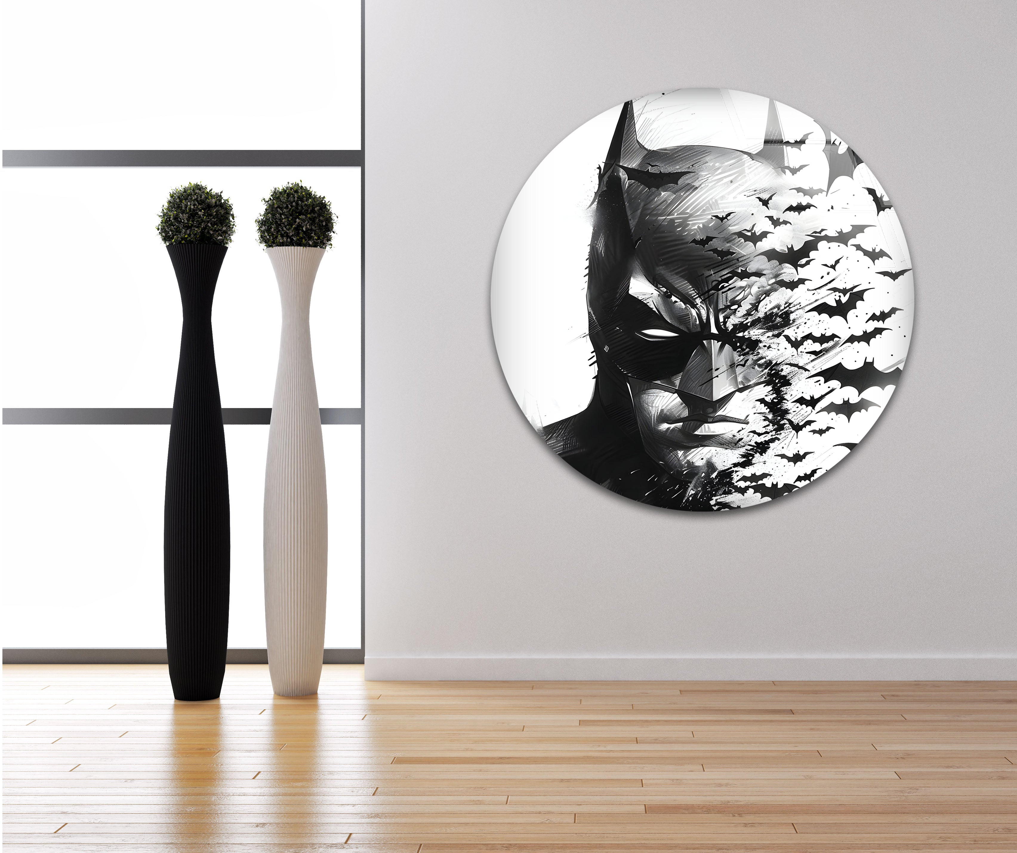 Batman Black and White Portrait Wall Art - Gothic Superhero Decor with Bats on Glass - Perfect for Man Cave, Home Theater & Superhero Bedroom Decor