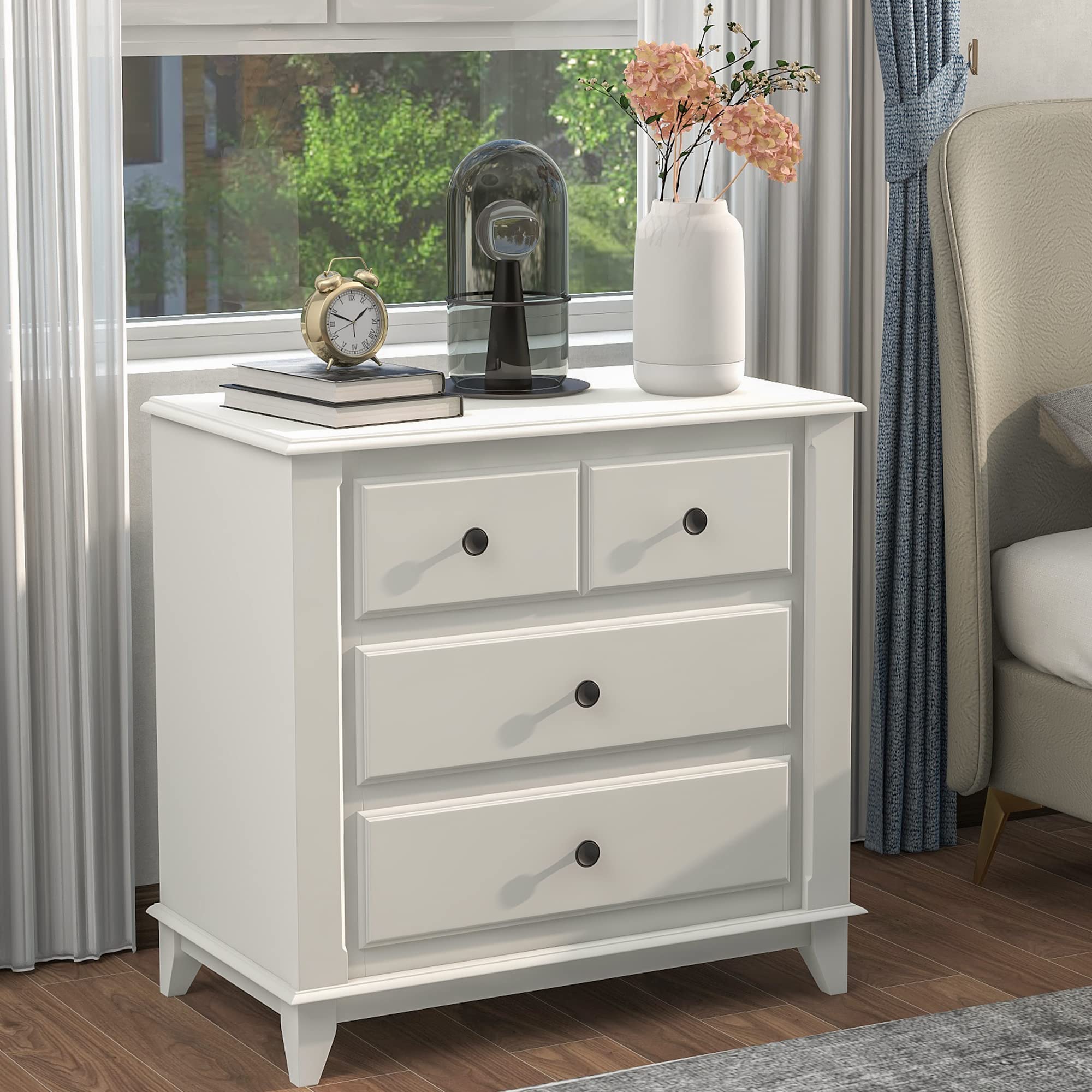 Mid Century Modern Nightstand - Wooden Bedside Table with Drawer & Shelf, White - Stylish End Table for Bedroom Storage & Living Room Decor