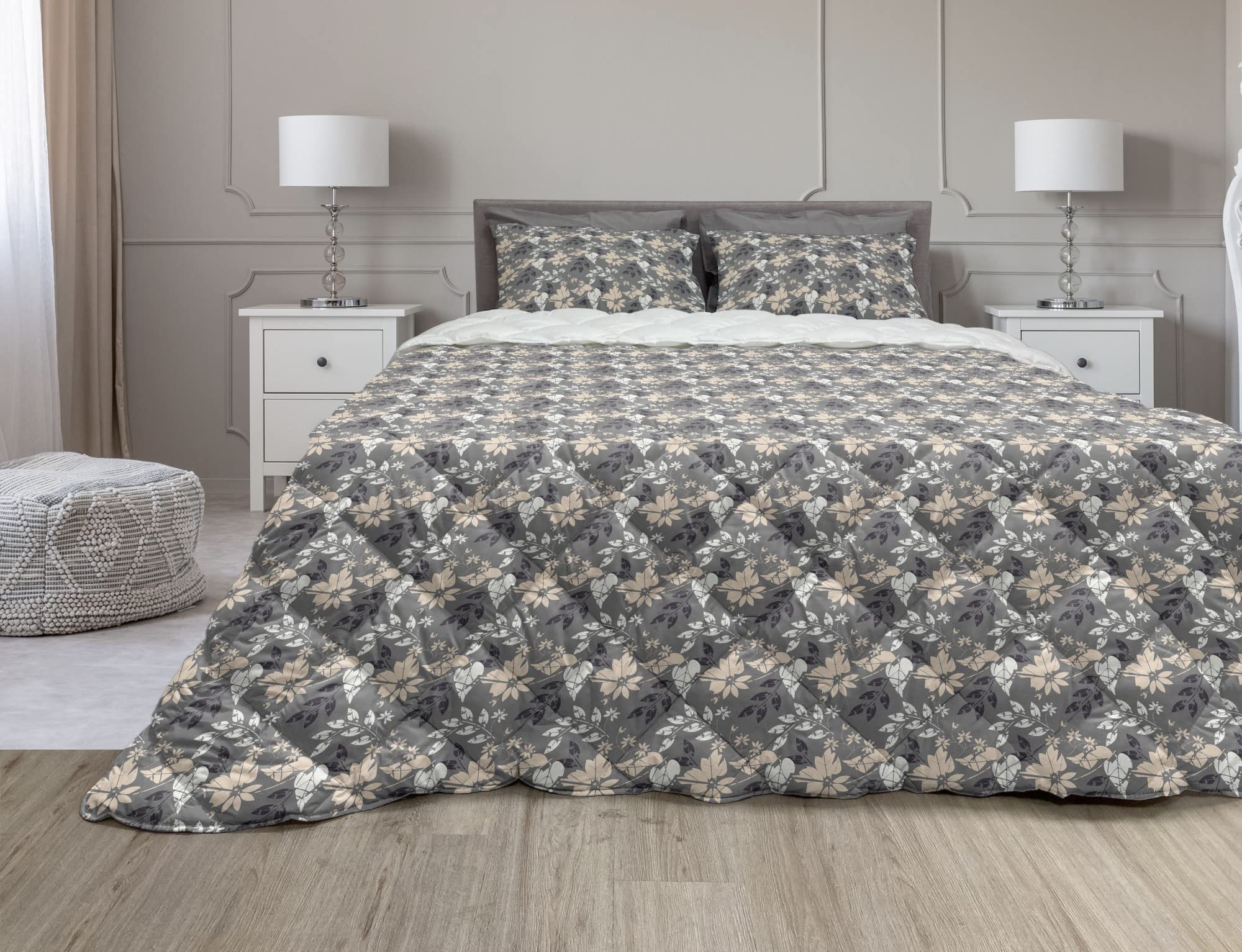 Ambesonne Floral Comforter & Sham Bedding Set - Grungy Flowers and Leaves Digital Garden Art Design, 2-Piece Microfiber Filled Duvet Cover Set in Grey Pale Peach (Twin XL) for Cozy Bedroom Decor and Guest Room Styling